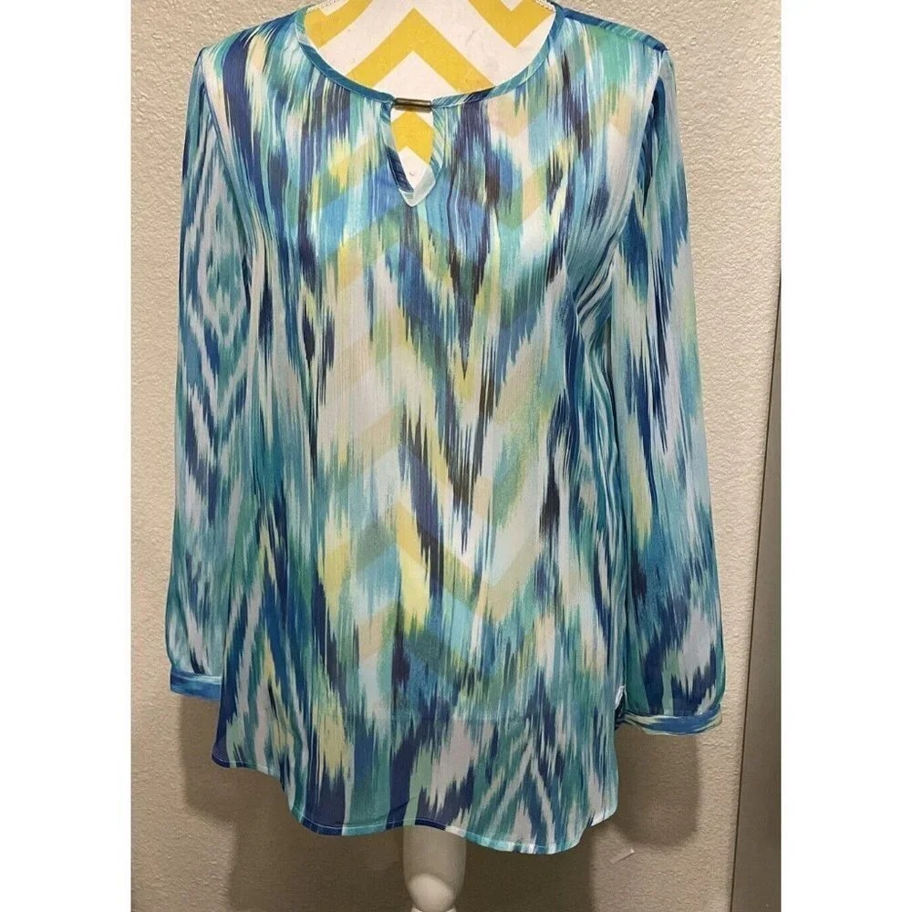 Chicos 1 US Medium Blouse Blue Green Ikat Split Neck Gold Bar Long Sleeve Top